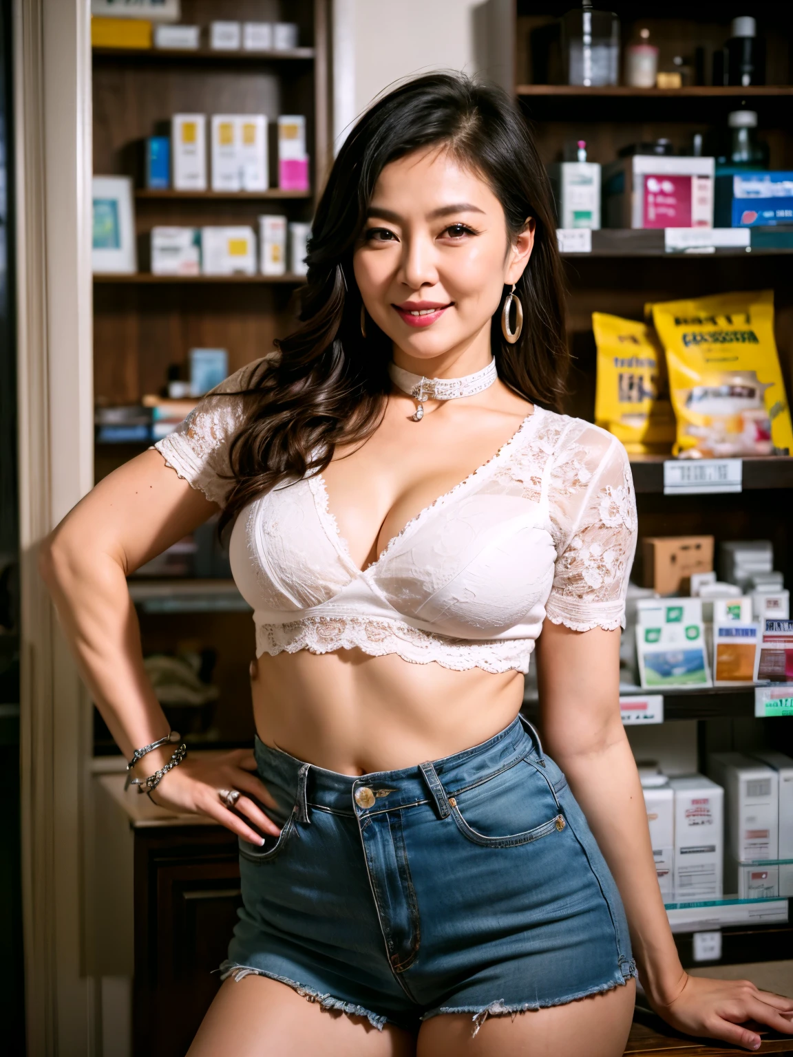 75 years old　mom　milf　Korean Lady　large earring　Big choker　navel piercing decoration　A bracelet　Silver Hair　realisitic　Gorgeous Madame Beautiful Mature Woman　sexly　Smile　Gentle woman navel piercing　４K　High quality denim mini skirt