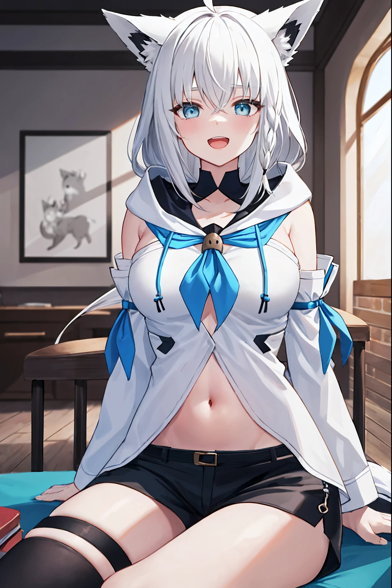 masterpiece, best quality, integrated scenery, integrated background, extremely delicate and beautiful, meticulous details, good composition, , cute face, perfect face, perfect hands, fingernails ,best quality,1yong__girl,medium_breasts,shoulder,navel,best_quality, highres, aafbk, long hair, ahoge, animal ears, breasts, fox tail, blue neckerchief, white hoodie, detached sleeves, white sleeves, navel, short shorts, black shorts, thigh strap, single thighhigh, black thighhighs sitting,big_smile, half_eyes,open_mouth,XD,cowboy shot, indoors, living room, play_with_game_console_controller,  sit_on_gaming_chair, blue_Sagging_eyes,large_eyes,