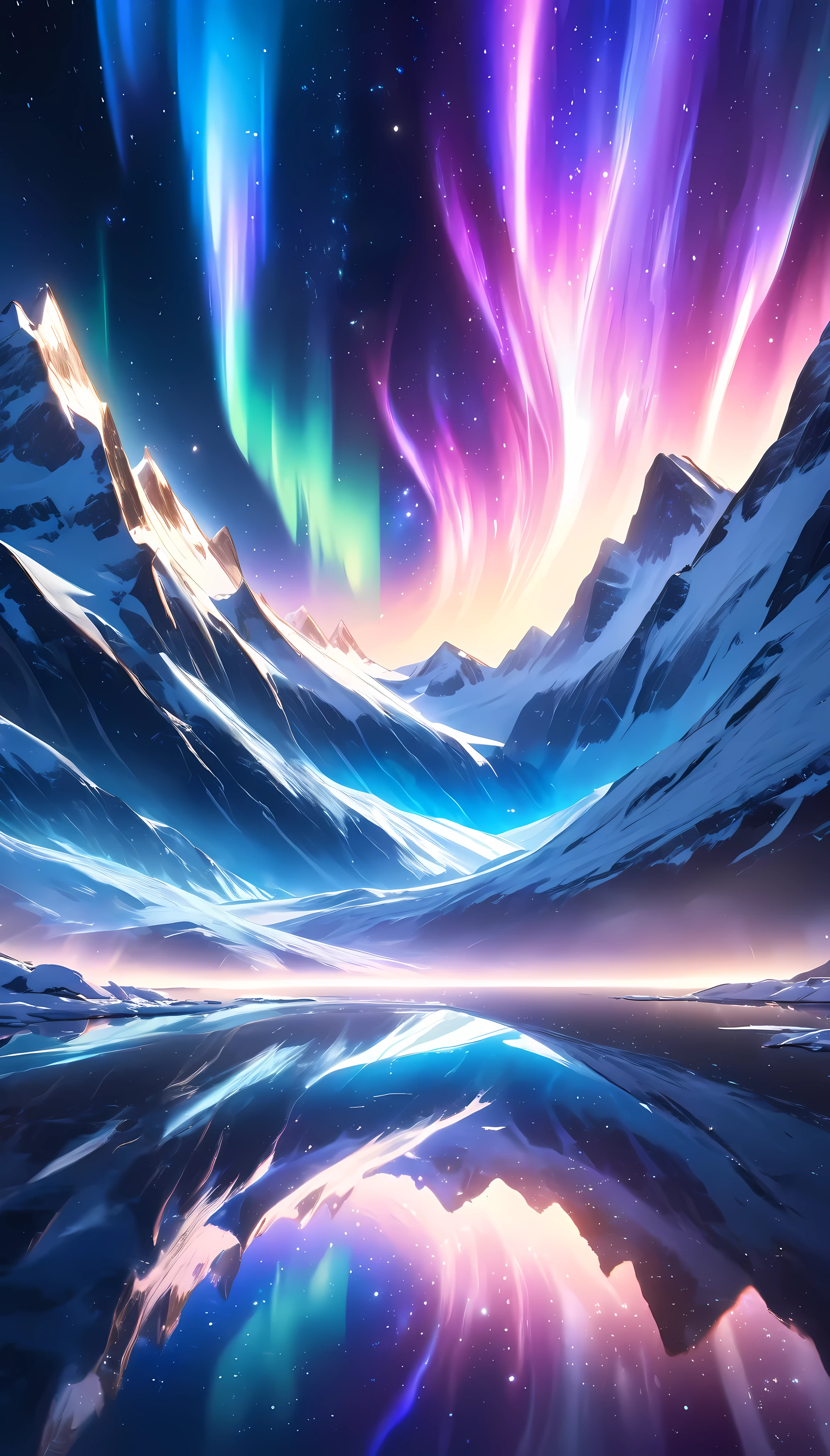  Beautiful Aurora Scenery , Swirling Sea of Stars , Sparkling, glimmering,  bright , Reflective,  best quality, 8k,  high definition, Photographically,  cinematic lighting ,  dramatic shadows ,  bright color , nebula,  Glowing celestial body ,  Rainbow Atmosphere , Mysterious, dreamlike, Mysterious, Quiet, Quiet, BREAK Pure White Earth , White shadow,  Transparent Glaciers Maintaining Specular Reflections,  dynamic cinema rendering, Aurora quality ,  High Quality,  highest resolution, Super Retina, Mysteriousブラーのオーバーエフェクト, Ultra Contrast ,  Tonight I'm Pushing the Limits of Brilliant Multicolor ,  Create a colorful aurora curtain like never before,  BREAK An artistic curtain that emphasizes the frozen earth, It creates a charming world of pure white glaciers , 