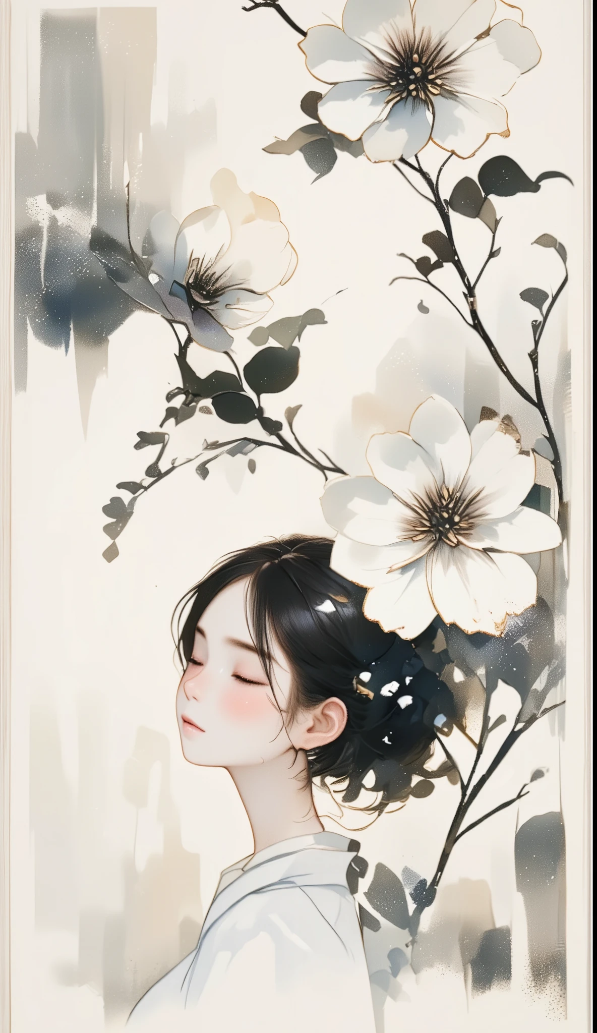 watercolor, watercolor, watercolor風, watercolorの詳細なアート, watercolor digital painting, watercolor paint、break、((( Beautiful Women、very cute girl)))、Floral arrangement、Wabi-sabi art、white、gray、black tone 、Parchment、抽象的Floral arrangement、Three big flowers、 Dreamy Art 、silence、 wallpaper、 best quality、masterpiece、 high definition 、８ｋ