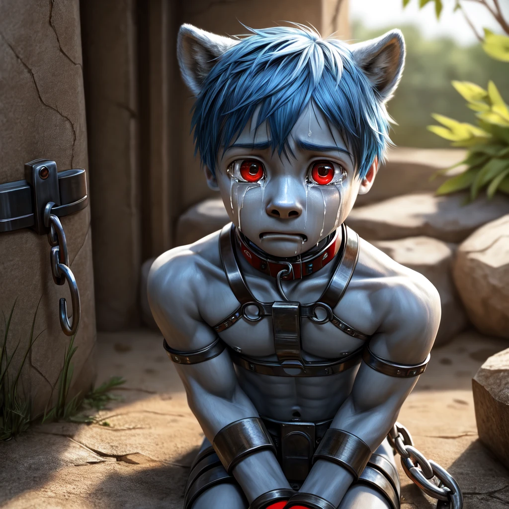 ( detailed crying , detailed face,  detailed background ,  detailed body ), (realistic,photorealistic,photo-realistic:1.37)
 little cute boy , very young, cute, , blue skin, Blue hair, Red Eyes, ( iron cuffs on the wrists), ( iron shackles on the legs ), ( electric shock collar), he is wearing a slave outfit,  shy face , Does a lot of , cries loudly ,  tears streaming , very thin,  malnourished, 