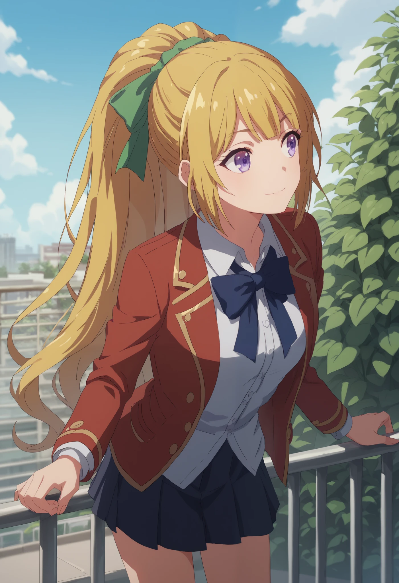 A cheerful anime-style schoolgirl with long blonde hair tied in a ponytail, wearing a bright blue-green ribbon. She has bright purple eyes and a warm smile. She is dressed in a red blazer with gold trim, a blue ribbon, a white shirt, and a dark skirt, standing slightly leaning forward in a friendly pose. The background is a sunny rooftop with a clear blue sky, buildings in the distance, and green plants along the railing. The art style is colorful, detailed, and vibrant、flipping up the skirt、black pantie