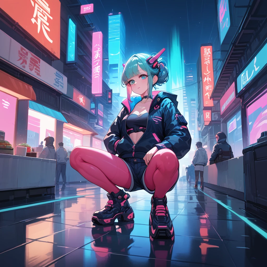 ,A woman squatting on a glacier, compromising and enduring an artificial aurora generated in a small device.night on a glacier,girl,cyberpunk,Shorts, Hoodie Jacket, Tights,A small mecha, a sidekick that comes with the woman., mechanical devices on top of glaciers, Ramen noodle store with small neon lights on the glacier, multiple auroras, colorful gradations,Small transparent domed mechanical devices with auroras