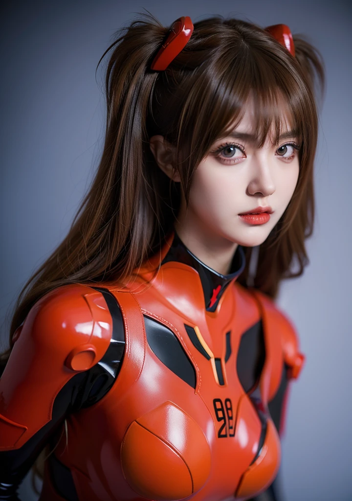 (masterpiece: 1.4, highest quality), (intricate details), Unity8k wallpaper, Super detailed, beautiful and mysterious, detailed background, realistic, alone, Face with perfect detail, detailed blue eyes, very detailed, blush, hair ornaments, chignon mahogany hair, (blonde hair), Plug Suit 02,Shikinami Asuka Langley, Evangelion, A slim 15-year-old girl, full body suit, Inside Eva