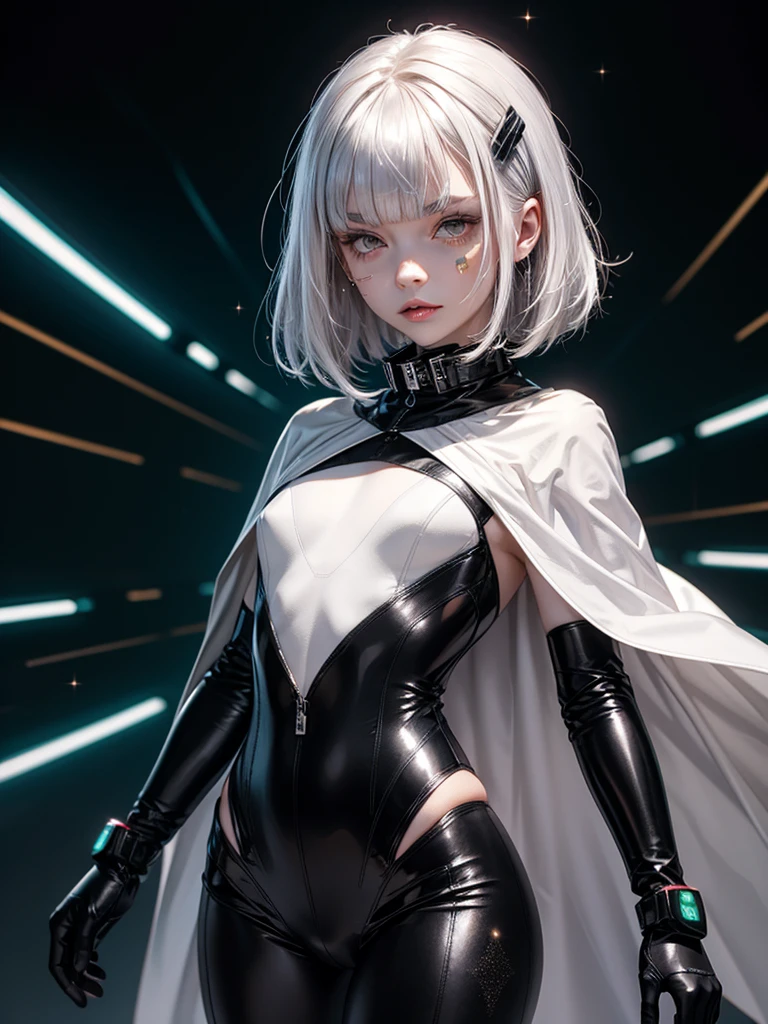 1girl, ((pale white skin)), glowing silver glitter, (((glitter on cheeks))), white hair, white bob, blunt bangs, (grey eyes), bored expression, cybernetic hair clips, dark pinstripe bodysuit, flat chest, small breasts, large black sci-fi cape, raised collar, electrified gloves, crackling energy gloves, belts, greenscreen background, blank background
