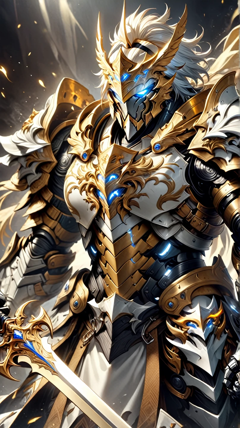  close-up：Wearing armor、 Person with Sword and Shield , Male Paladin, a human Male Paladin, Ares, Wears Heavy Full Body Armor and Sword, Fantasy Paladin,  Strong Fantasy Knight ,  Heavy White and Gold Armor , Armored Warrior , From Pathfinder , epic Paladin Armor, Knight in armor, Paladin Armor, 圣骑士黄金盔甲, The Golden Paladin 
