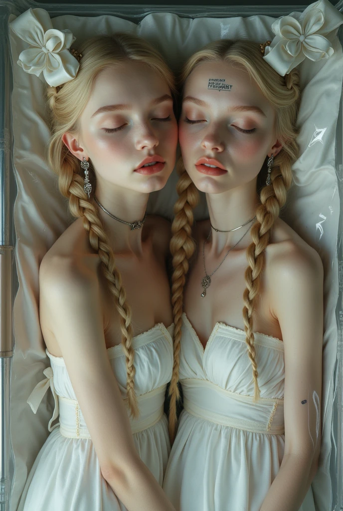 A realistic rendering of a David Wright style illustration of a very close shot, ultra close shot on the breasts  of two   pert, nubile, thin, freckled  teen   girls with 50s style, very short sandy blonde hair, bows in hair, topless, best quality, tiny breasts, bare breasts, small breasts, bare crotch, exposed crotch, pink nipples , puffy nipples , exposed nipples , wearing  pink bondage straps, black, spiked  choker necklace,  a silver chain wrapped around body, open, white blouse, white lace collar, pastel lace, pastel lace straps under nipples, pastel lace straps under breasts,  open light blue, fuzzy sweater, undressing,    uniform, partially clothed,  silver art deco design background, ultra close shot on breasts 