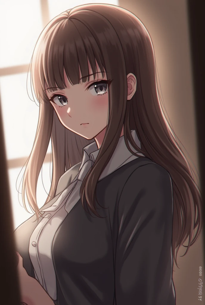 detailed illustration, dynamic angle, ultra-detailed, illustration, 1girl, 18 year old, school girl, wavy brown hair, long hair, bright brown eyes, cleavage, medium breasts, rolling eyes, unimpressed, disdainful, bathroom, walking through door