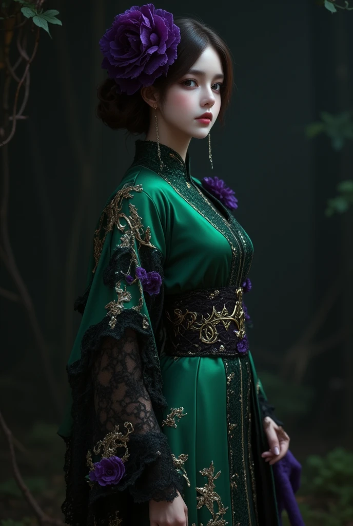 A fantastical scene of a woman dressed in a luxurious kimono with emerald green as the base, adorned with intricate floral patterns in black, white, and purple accents. The sleeves are made of delicate lace, adding a gothic touch to the overall design, and are further embellished with intricate golden embroidery that shimmers faintly in the dim light. Her hair is elegantly styled and decorated with a large purple flower, enhancing her refined look. She stands gracefully in profile, with her lace sleeves subtly rippling as if touched by a soft breeze. The entire kimono features exquisite gold embroidery, weaving through the patterns like threads of light. The background is a deep, mysterious darkness, emphasizing the gothic elegance and richness of her attire. Dim, moody lighting highlights the textures of the lace, gold embroidery, and fabric, creating a dramatic and enchanting atmosphere.