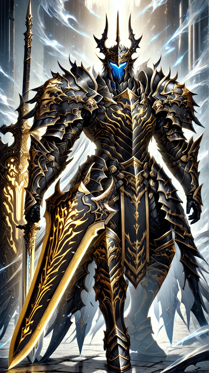  close-up：Wearing armor、 Person with Sword and Shield , Male Paladin, a human Male Paladin, Ares, Wears Heavy Full Body Armor and Sword, Fantasy Paladin,  Strong Fantasy Knight ,  Heavy White and Gold Armor , Armored Warrior , From Pathfinder , epic Paladin Armor, Knight in armor, Paladin Armor, 圣骑士黄金盔甲, The Golden Paladin .Full body picture
