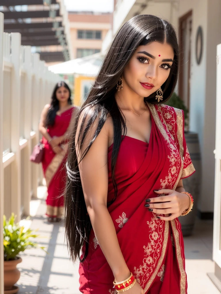  Young beautiful woman , indian ,  black long straight hair ,   bright bright green eyes ,   natural makeup ,  full fiery red lips ,  real skin texture ,  detailed skin , long eyelashes ,   half-open mouth ,  stunning view , the whole figure ,  real sunlight, small solid breasts ,  big tight round ass ,  dressed in a sexy traditional Indian dress of red,  deep neckline to the navel  ,  on the side slit ,  black elegant shoes on 8 cm heels , walking down the aisle in a dilla ,  bright sunny day ,  real picture  ,  realistic natural light, real lips , real eyes ,  real anatomy ,  realistic picture ,  movie lighting ,  sexi pose ,  erotic motif ,  detail face ,  many details ,  bright bright pastel colors,  real breasts , detailed breasts ,  realistic breasts ,  masterpiece 