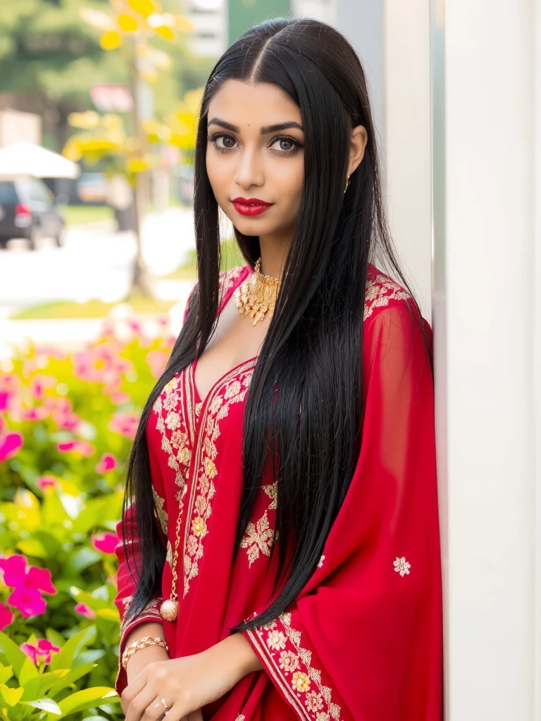  Young beautiful woman , indian ,  black long straight hair ,   bright bright green eyes ,   natural makeup ,  full fiery red lips ,  real skin texture ,  detailed skin , long eyelashes ,   half-open mouth ,  stunning view , the whole figure ,  real sunlight, small solid breasts ,  big tight round ass ,  dressed in a sexy traditional Indian dress of red,  deep neckline to the navel  ,  on the side slit ,  black elegant shoes on 8 cm heels , walking down the aisle in a dilla ,  bright sunny day ,  real picture  ,  realistic natural light, real lips , real eyes ,  real anatomy ,  realistic picture ,  movie lighting ,  sexi pose ,  erotic motif ,  detail face ,  many details ,  bright bright pastel colors,  real breasts , detailed breasts ,  realistic breasts ,  masterpiece 