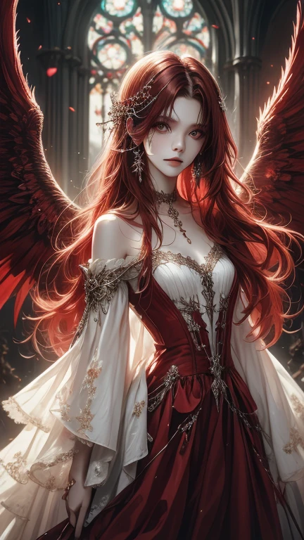 An angels girl, an apostate, she has two halos interwoven with thorns, the halos are a bright yellow light, she has log curly wine red hair, pale skin and freckles, she has white robes  that almost look a little wet.