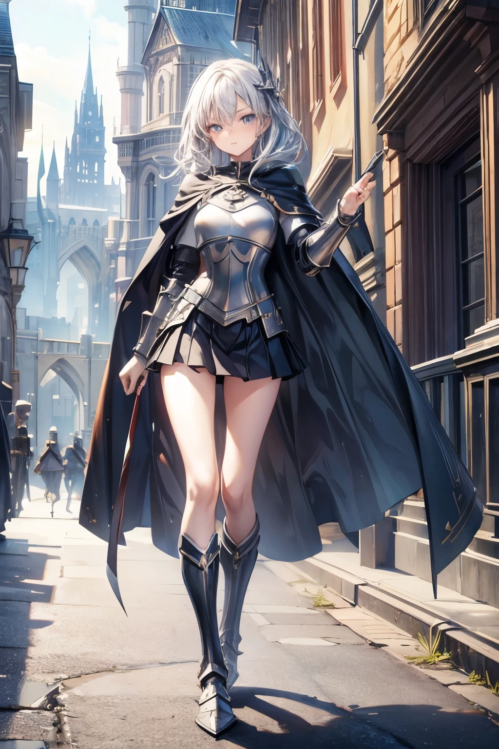 masterpiece, best quality, Very detailed, pretty girl, ager, smaller breasts, thin waist,Female Knight,full body armor,Cape, perfect eyes, so cute,slender,Castle gate,active pose