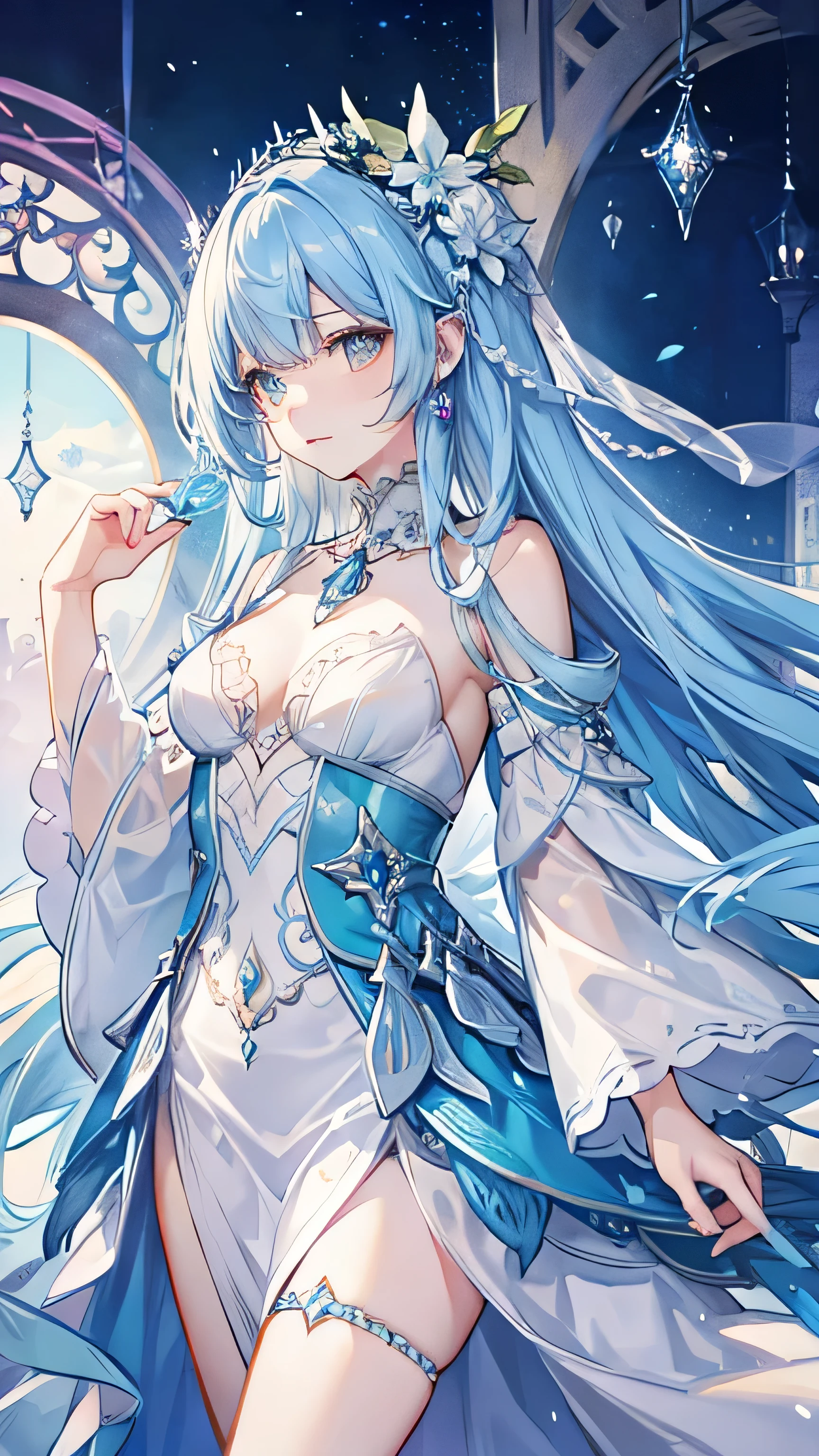 Create an ethereal character with long, flowing light blue hair, adorned with intricate jewelry featuring gemstones. The character should wear a delicate, flowing outfit with elegant details and soft, pastel colors. The background should be bright and dreamy, enhancing the character’s magical presence. Focus on capturing a serene and enchanting atmosphere.