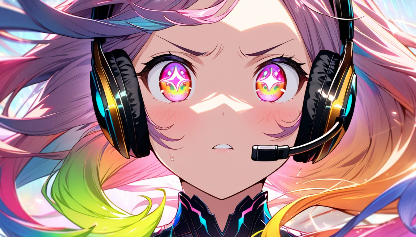 Close-up of a beautiful young woman who is a passionate gamer, depicted in a collectible anime figurine style. She has long, colorful gradient hair framing her face, with a focused and intense expression, as if deeply immersed in gaming. Her wide, sparkling anime-style eyes reflect the glow of a gaming screen. She wears a sleek gaming headset with vibrant LED details, and her determined look is emphasized by subtle blush on her cheeks. The close-up highlights intricate anime-inspired details in her face, headset, and flowing hair.