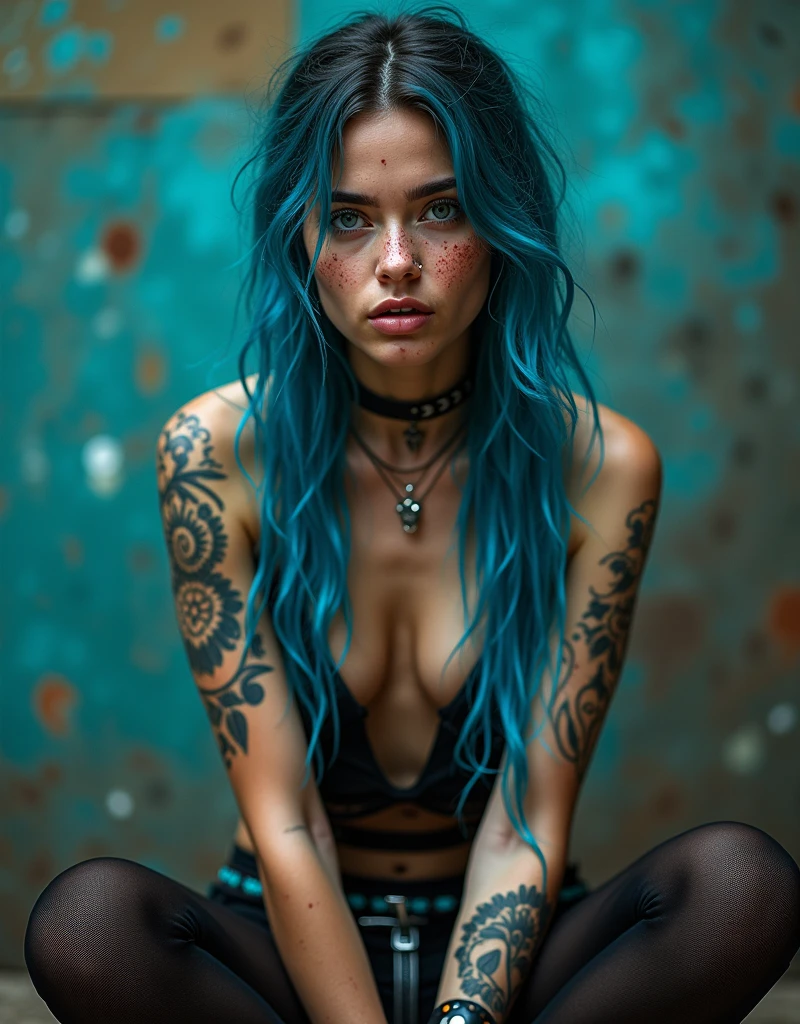 Create a hyper detailed photograph of a tattooed muscular young sexy nerd goth, Stunningly perfect gorgeous feminine face, perfect makeup, detailed vibrant eyes, long flowing hair, big beautiful muscular legs, big beautiful muscular arms, perfect hour glass body figure, detailed smooth skin, large breast, perfect round ass, complete full body view,