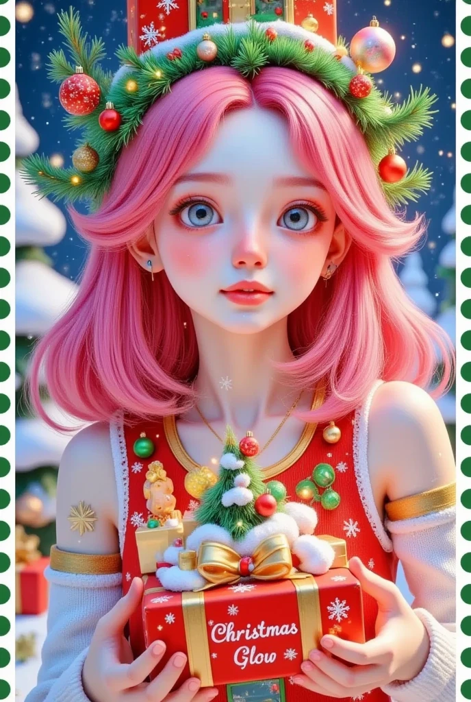 stamps： A beautiful girl with pink hair is holding a beautiful gift before a Christmas letter ，(((The box says Christmas glows )))。 Hair is decorated with gifts +Christmas tree+Hut+Gingerbread Man。  beautiful face， skin details ，Official illustrations