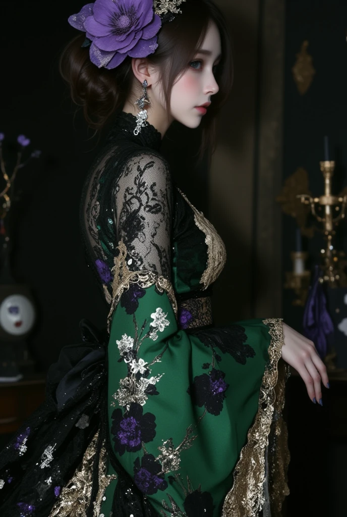 A fantastical scene of an asian woman dressed in a luxurious kimono with emerald green as the base, adorned with intricate floral patterns in black, white, and purple accents. The sleeves are made of delicate lace, adding a gothic touch to the overall design, and are further embellished with intricate golden embroidery that shimmers faintly in the dim light. Her hair is elegantly styled and decorated with a large purple flower, enhancing her refined look. She stands gracefully in profile, with her lace sleeves subtly rippling as if touched by a soft breeze. The entire kimono features exquisite gold embroidery, weaving through the patterns like threads of light. The background is a deep, mysterious darkness, emphasizing the gothic elegance and richness of her attire. Dim, moody lighting highlights the textures of the lace, gold embroidery, and fabric, creating a dramatic and enchanting atmosphere.