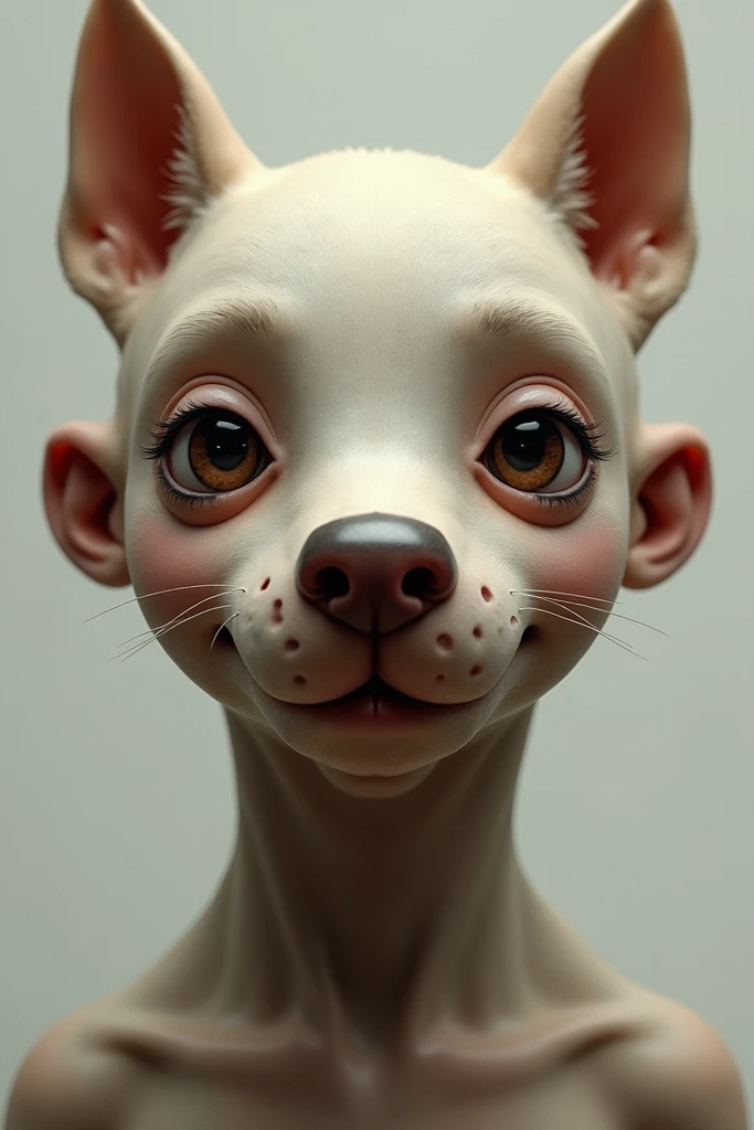 Anthropomorphic female dog, she wears a mask of human girl in latex, she takes off her mask, revealing her true form of anthropomorphic female dog, she holds her mask of human woman in latex in her hand, photorealistic style