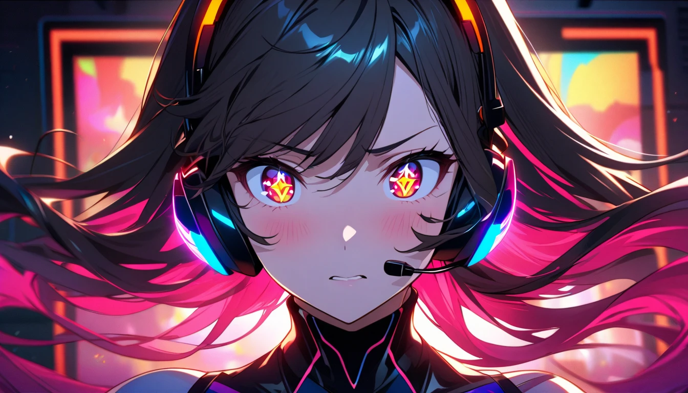 Close-up of a beautiful young woman who is a passionate gamer, depicted in a collectible anime figurine style. She has long, colorful gradient hair framing her face, with a focused and intense expression, as if deeply immersed in gaming. Her wide, sparkling anime-style eyes reflect the glow of a gaming screen. She wears a sleek gaming headset with vibrant LED details, and her determined look is emphasized by subtle blush on her cheeks. The close-up highlights intricate anime-inspired details in her face, headset, and flowing hair.