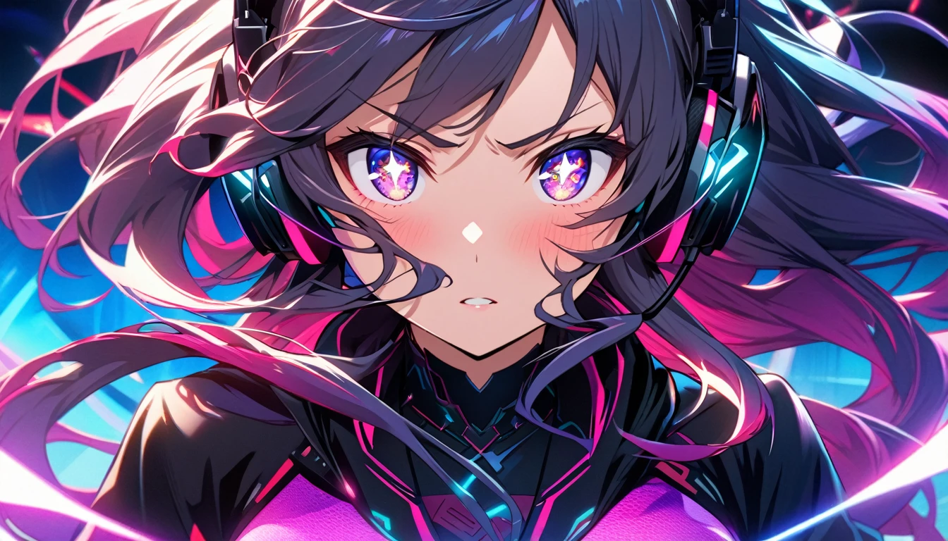 Close-up of a beautiful young woman who is a passionate gamer, depicted in a collectible anime figurine style. She has long, colorful gradient hair framing her face, with a focused and intense expression, as if deeply immersed in gaming. Her wide, sparkling anime-style eyes reflect the glow of a gaming screen. She wears a sleek gaming headset with vibrant LED details, and her determined look is emphasized by subtle blush on her cheeks. The close-up highlights intricate anime-inspired details in her face, headset, and flowing hair.