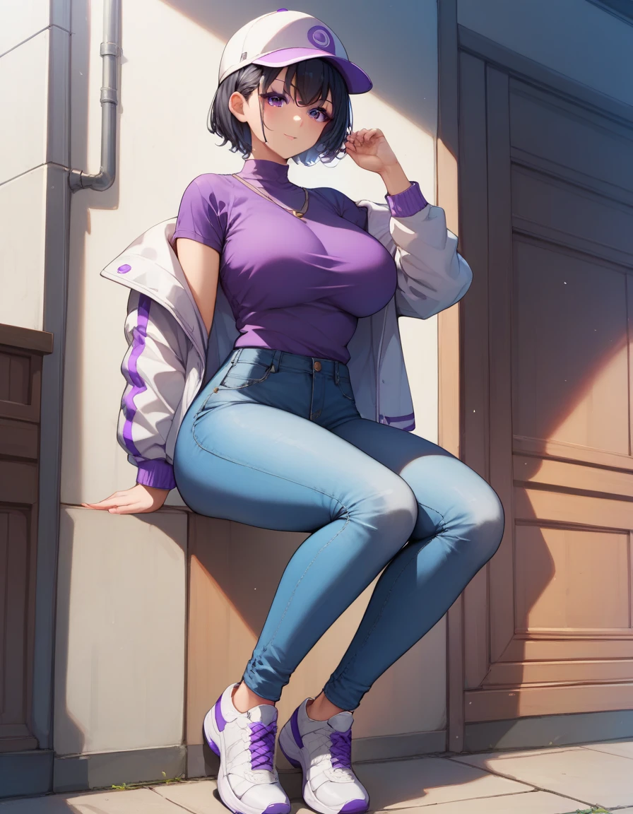 suminoe_shion, black hair, short hair, bangs, 
purple eyes, large breasts, 
cap, white jacket, purple shirt, 
blue jeans, white shoes, 