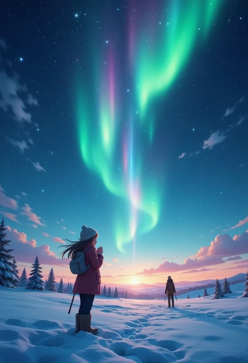 masterpiece, best quality, 8k, highres, ultra-detailed, HDR, UHD, ultra-fine painting, snow-covered landscape under a vivid aurora-filled sky, dancing lights in shades of green, purple, and red, serene and magical atmosphere, young girl standing in the snow, hands clasped in prayer, long flowing hair, warm winter clothing, faint glow from the aurora reflecting on the snow, distant figure walking toward her, tall silhouette, emotional and heartfelt reunion, celestial light beam descending from the aurora, ethereal and mystical mood, breathtaking starry sky, detailed snow textures, tranquil and unforgettable night scene