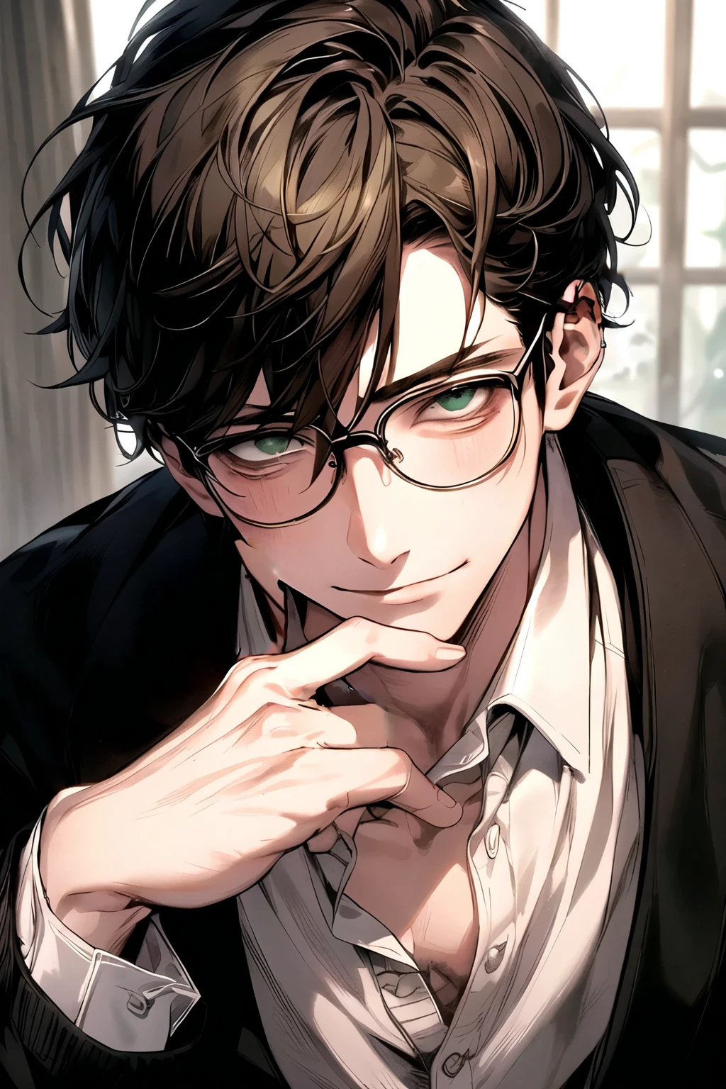 (Masterpiece), (Best Quality), Very Detailed, ((A Man)), Perfect Face, Beautiful Face, Very Detailed, (Black Haired Man), (Pierced Blue Eyes), (Harem ), white shirt, glasses, stunning, cold expression, cardigan, weak smile, shadow, provocative eyes