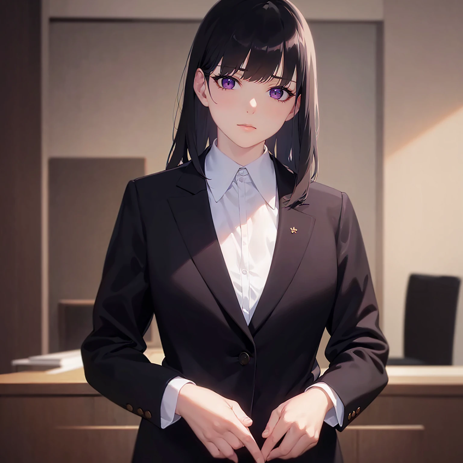 Shooting from below、Arms crossed、 Upper Body, Realistic, real person, (pale skin: 1.2), RAW photo, photorealistic, portrait photography, shiny skin, shiny hair、(A 25-year-old woman with straight hair and bangs) and (medium hair) and (black hair) and (purple eyes) , (business suit:1.5) and (white shirt)、Expressionless, Background is an office room、Alone、Are standing