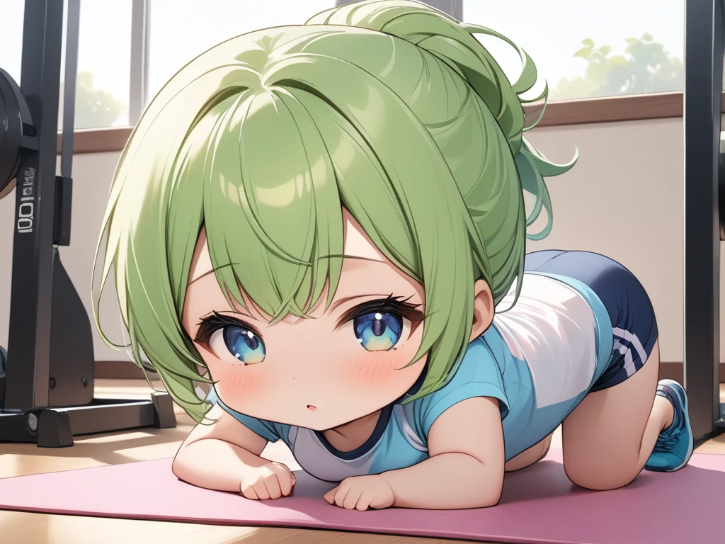     best quality, masterpiece ,   Little s stretching in a sitting position by opening their legs 　上半身を前にたおしてストレッチするChibiたち、 (Chibi: 0.6),  In gym clothes、    random hair color    ,  cute, 