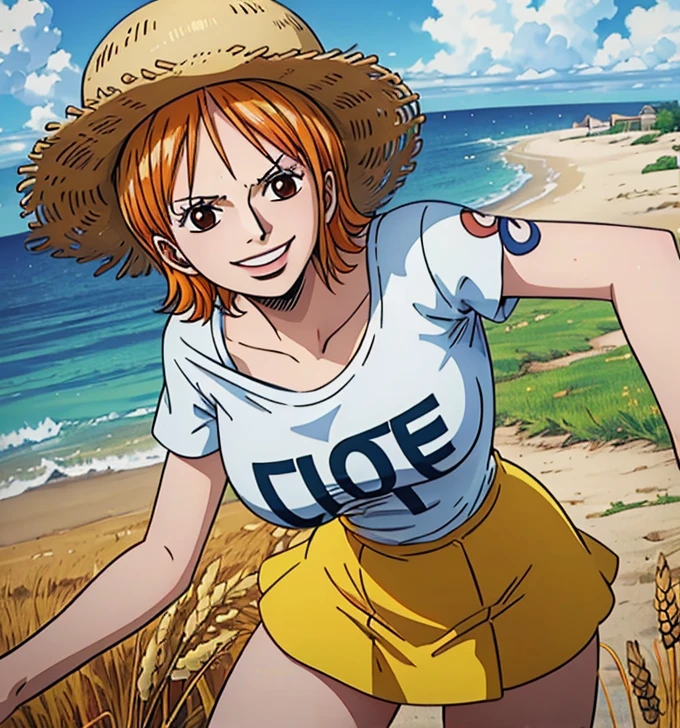 not nsfw (masterpiece, best quality, 4K, 8k,   high definition  , masterpiece:1.2),  super detailed, (Realistic, photoRealistic, photo-Realistic:1.37),    Pale Orange Hair  ,  dress, pale orange hair hidden in thick grass ,(wheat hat ), Beautiful Brown Eyes , Nami tattoo on left shoulder, beautiful lips,Beautiful lipstick,smile, looking at the camera, Big Breasts , ( dress Nami's early costume),( white t-shirt),( yellow skirt ),sea,Perfect body,Perfect means,Perfect body