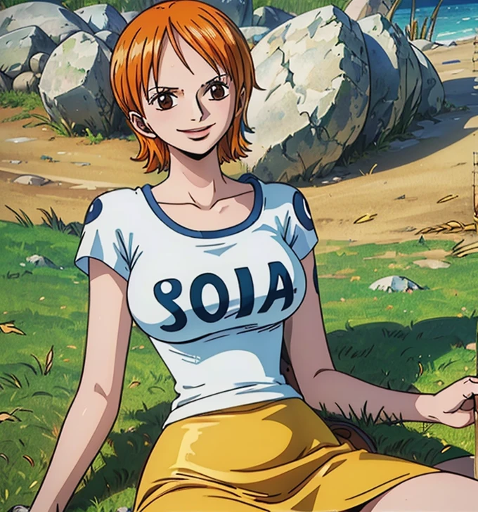 not nsfw (masterpiece, best quality, 4K, 8k,   high definition  , masterpiece:1.2),  super detailed, (Realistic, photoRealistic, photo-Realistic:1.37),    Pale Orange Hair  ,  dress, pale orange hair hidden in thick grass ,(wheat hat ), Beautiful Brown Eyes , Nami tattoo on left shoulder, beautiful lips,Beautiful lipstick,smile, looking at the camera, Big Breasts , ( dress Nami's early costume),( white t-shirt),( yellow skirt ),sea,Perfect body,Perfect means,Perfect body