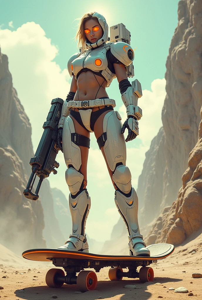 young-woman-type cyborg, ((nude)), ((full body)), armored, walking in the battle field with her legs spread apart, with her ray gun in the holster at her right leg, beautiful chest, from front below