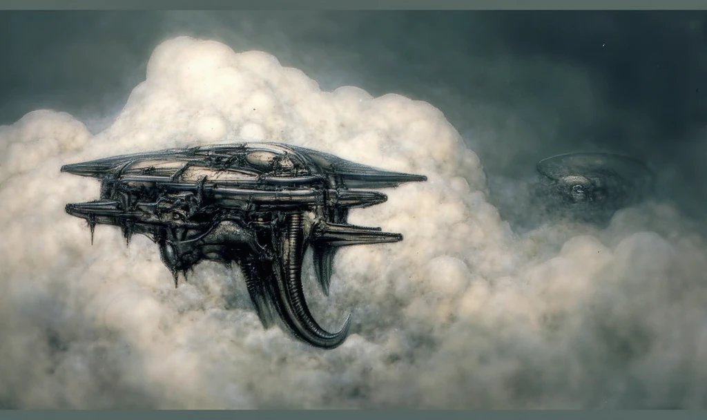 H. R. Giger's g1g3r, , Giger_style,  create biomechanical landscape by Hans Rudie Giger composed of fossilized and mummified alien life forms. Image depicts a strange and dreamlike, combines biological and mechanical ,managed  to dreamlike quality.
Flying in the sky alien spaceship formed of bone constructions
 Centralized recognizable shapes of skulls, rib cages, and spines, all intertwined with tubes and cables. These shapes suggest fossilized mummified alien life forms. Central skeletal structures and what appears to be a ribcags made of (ivory with clear signs of charring and weathering) in the foreground are the most identifiable organic elements. The mechanical elements are evident in the wires and tubes emanating from the skeletals, as well as the silfoned plastic tubes. In the background shapes are visible that could be interpreted as other fossilized or mummified alien life.
Light source from the top highlights skeletals, upper part of foreground, lower part of image is in shadow. Use of light and shadow creates a sense of depth and dimension.
Artist might bathe composition in an unnatural, otherworldly light, highlighting the stark contrast between the human and mechanical elements. Shadows would writhe and twist, adding to the overall sense of disorientation and dread.
Giger's meticulous attention to detail would come into play here, as he adorns forms with intricate biomechanical implants and enhancements. These elements would be both beautiful and grotesque, blurring the line between lifeform and machine
Central labyrinthine yet constructively and solid organized abomination is focal point ,uplight illuminates it, draws viewer's eye to it. 
Work is sxually suggestive, in the way that it depicts the human form, as well as in the use of bio-organic forms that resemble sxual organs.
Surfaces are heavily covered with tin dots of dark paint (best quality:1.4), H.R. GIGER,  BY GIGER