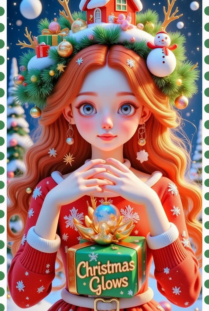 stamps：A beautiful girl is holding a beautiful gift before a Christmas letter ，(((The box says Christmas glows )))。 Hair is decorated with gifts +Christmas tree+Hut+Gingerbread Man。  beautiful face， skin details ，Official illustrations