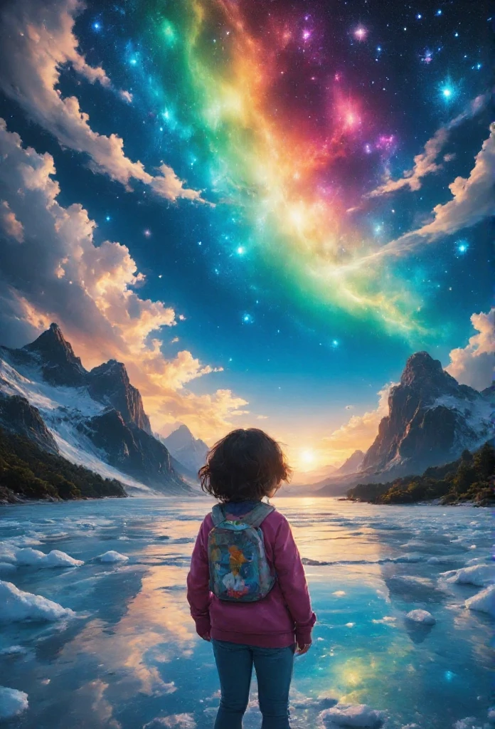 masterpiece, best quality, 8k, highres, ultra-detailed, HDR, UHD, ultra-fine painting, snow-covered landscape under a vivid aurora-filled sky, dancing lights in shades of green, purple, and red, serene and magical atmosphere, young girl standing in the snow, hands clasped in prayer, long flowing hair, warm winter clothing, faint glow from the aurora reflecting on the snow, distant figure walking toward her, tall silhouette, emotional and heartfelt reunion, celestial light beam descending from the aurora, ethereal and mystical mood, breathtaking starry sky, detailed snow textures, tranquil and unforgettable night scene