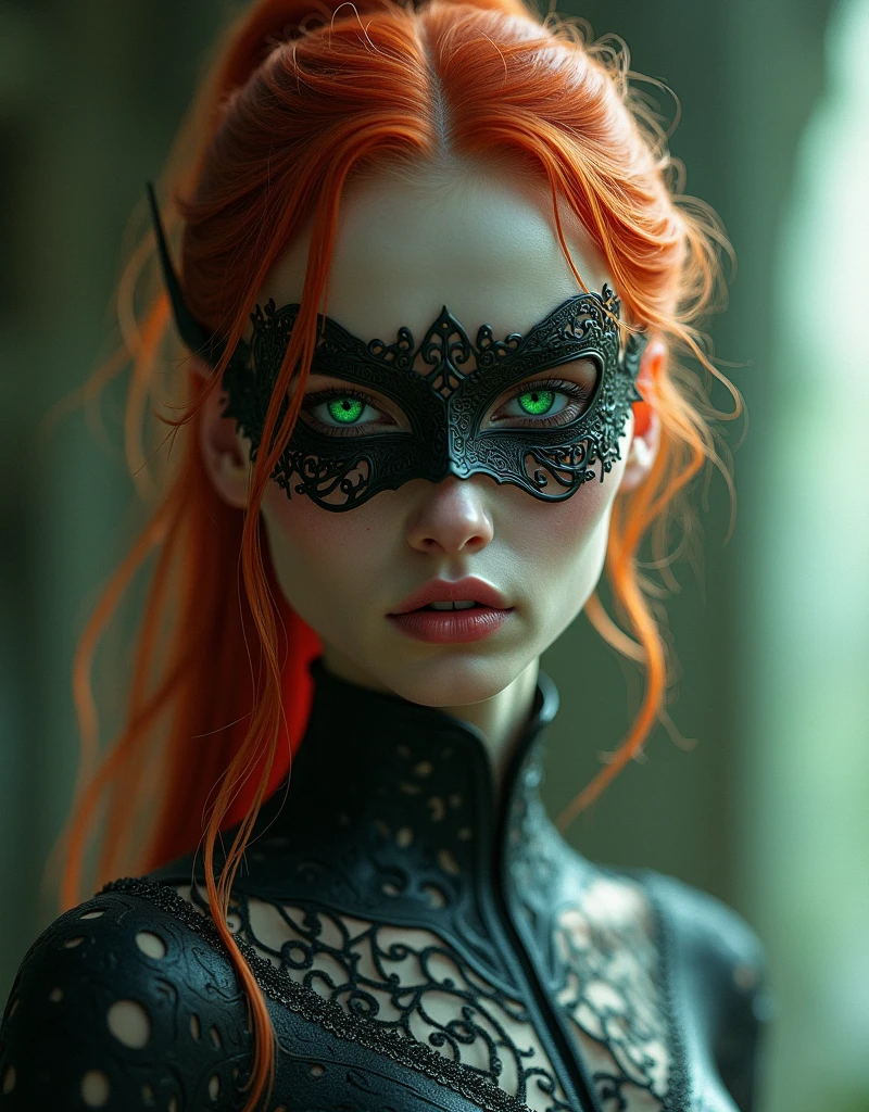 The image features a head-and-shoulders portrait of a character exuding a futuristic and mystical aura. The character has pale skin that contrasts strikingly with their long, vibrant red hair, meticulously tied back to reveal the contours of their face and neck. Their most captivating feature is the glowing green eyes, which are luminous and draw the viewer's gaze, suggesting a depth of emotion and otherworldly intelligence. The upper body is left undressed, adding a touch of sensuality, while the intricate details of the character's attire are highlighted, particularly the elaborately designed mask. The mask partially obscures their face, adorned with dark black ink symbols and patterns that hint at a rich backstory and deeper lore associated with the character. The background is softly blurred, allowing the character to stand out as the focal point, with subtle hints of ethereal colors that enhance the mystical vibe. The lighting is soft yet dramatic, casting gentle shadows that accentuate the character's features and the texture of the mask. Keywords: photorealistic, digital artwork, portrait, mystical aura, glowing eyes, intricate details, elaborate mask, sensuality, vibrant colors, soft lighting, ethereal background, depth of field, dramatic shadows, character design, lore elements.