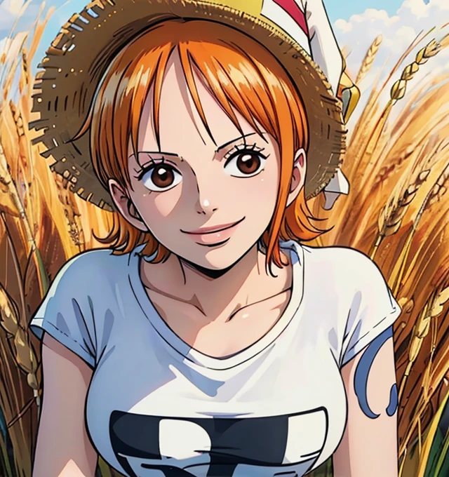 not nsfw (masterpiece, best quality, 4K, 8k,   high definition  , masterpiece:1.2),  super detailed, (Realistic, photoRealistic, photo-Realistic:1.37),    Pale Orange Hair  ,  dress, pale orange hair hidden in thick grass ,(wheat hat ), Beautiful Brown Eyes , Nami tattoo on left shoulder, beautiful lips,Beautiful lipstick,smile, looking at the camera, Big Breasts , ( dress Nami's early costume),( white t-shirt),( yellow skirt ),sea,Perfect body,Perfect means,Perfect body