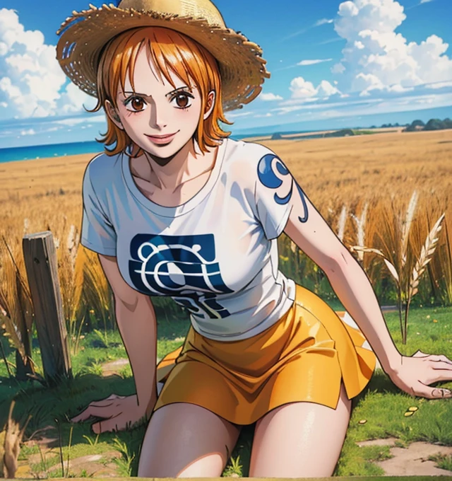 not nsfw (masterpiece, best quality, 4K, 8k,   high definition  , masterpiece:1.2),  super detailed, (Realistic, photoRealistic, photo-Realistic:1.37),    Pale Orange Hair  ,  dress, pale orange hair hidden in thick grass ,(wheat hat ), Beautiful Brown Eyes , Nami tattoo on left shoulder, beautiful lips,Beautiful lipstick,smile, looking at the camera, Big Breasts , ( dress Nami's early costume),( white t-shirt),( yellow skirt ),sea,Perfect body,Perfect means,Perfect body