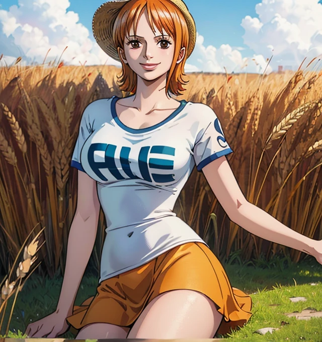 not nsfw (masterpiece, best quality, 4K, 8k,   high definition  , masterpiece:1.2),  super detailed, (Realistic, photoRealistic, photo-Realistic:1.37),    Pale Orange Hair  ,  dress, pale orange hair hidden in thick grass ,(wheat hat ), Beautiful Brown Eyes , Nami tattoo on left shoulder, beautiful lips,Beautiful lipstick,smile, looking at the camera, Big Breasts , ( dress Nami's early costume),( white t-shirt),( yellow skirt ),sea,Perfect body,Perfect means,Perfect body