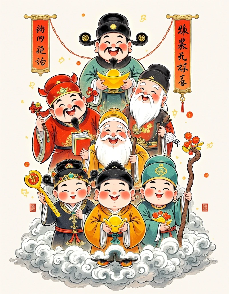  traditional ink painting ，Cute Q version，Q version style，(Fuxing ， Red Light Fluttering ， Red Light Full Face ，Lucky Bag)，(Luxing， Good quality 、Elegant 、Book、 Kung Ming Li Lu 、wisdom、 Promotion ), ( Shouxing ， Dragon Crutches ，Boom， Life Hat ， dragon crutches ，Shou Tao，longevity)，(caishen， Rich and round ，Cheerful ，Gold Ingot，wealth， Golden Light ，Rich ，( Xishen ， Mythical Elements ，Cheerful ， Red Silk Flying ，joy，joy)，( Five Gods Gather )，( presents a scene of Jialuo Han )， Sending Blessings ， Happy ，hope，happiness，，undertaking，healthy，wealth，joy， Smile ， Illuminate the Earth ，joy美好，Complete composition，Festive colors，Auspicious atmosphere， The background is Tienting Fairy Palace ，Full body portrait， is brightly colored ，Color ink painting，HD， high detail ，Fresh color scheme， in bright and bright colors ， drawn in the style of Qiu Shengxian's traditional animation techniques，((( dopamine color scheme )))，High Saturation， High Contrast，8k, Oriental Poetry and Painting