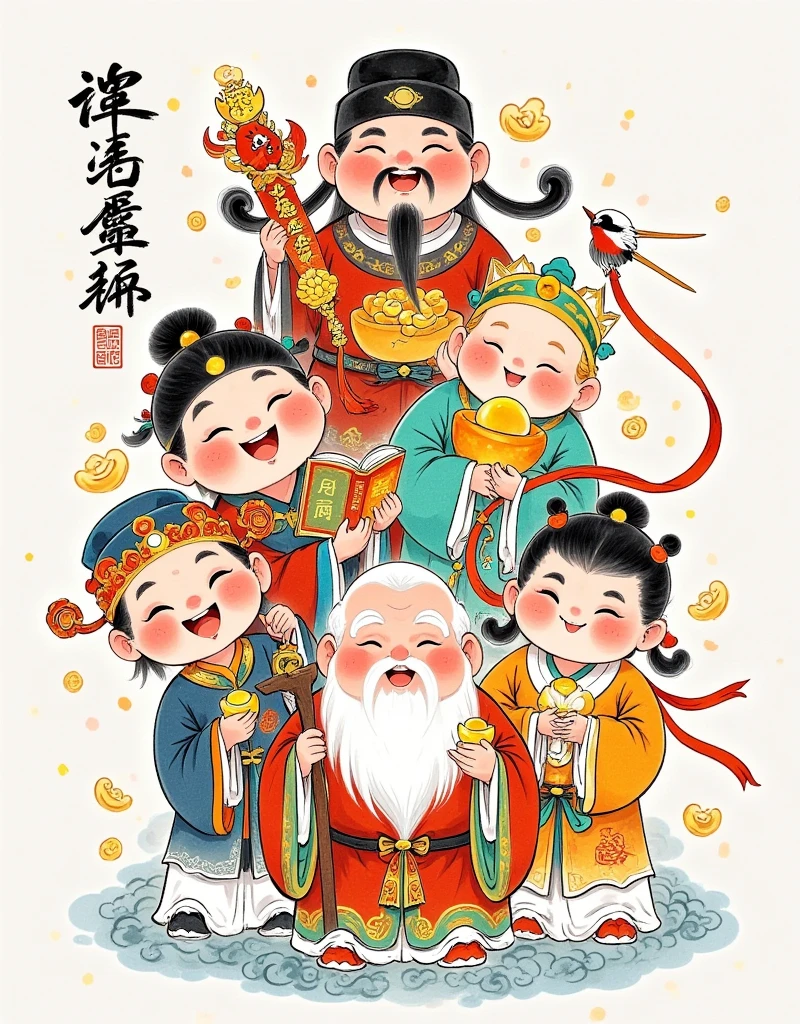  traditional ink painting ，Cute Q version，Q version style，(Fuxing ， Red Light Fluttering ， Red Light Full Face ，Lucky Bag)，(Luxing， Good quality 、Elegant 、Book、 Kung Ming Li Lu 、wisdom、 Promotion ), ( Shouxing ， Dragon Crutches ，Boom， Life Hat ， dragon crutches ，Shou Tao，longevity)，(caishen， Rich and round ，Cheerful ，Gold Ingot，wealth， Golden Light ，Rich ，( Xishen ， Mythical Elements ，Cheerful ， Red Silk Flying ，joy，joy)，( Five Gods Gather )，( presents a scene of Jialuo Han )， Sending Blessings ， Happy ，hope，happiness，，undertaking，healthy，wealth，joy， Smile ， Illuminate the Earth ，joy美好，Complete composition，Festive colors，Auspicious atmosphere， The background is Tienting Fairy Palace ，Full body portrait， is brightly colored ，Color ink painting，HD， high detail ，Fresh color scheme， in bright and bright colors ， drawn in the style of Qiu Shengxian's traditional animation techniques，((( dopamine color scheme )))，High Saturation， High Contrast，8k, Oriental Poetry and Painting