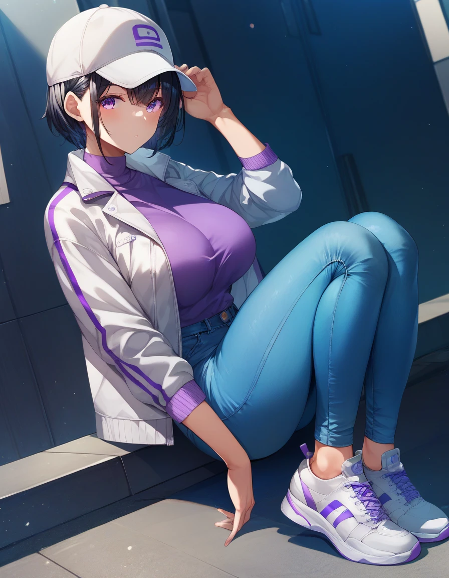 suminoe_shion, black hair, short hair, bangs, 
purple eyes, large breasts, 
cap, white jacket, purple shirt, 
blue jeans, white shoes, 