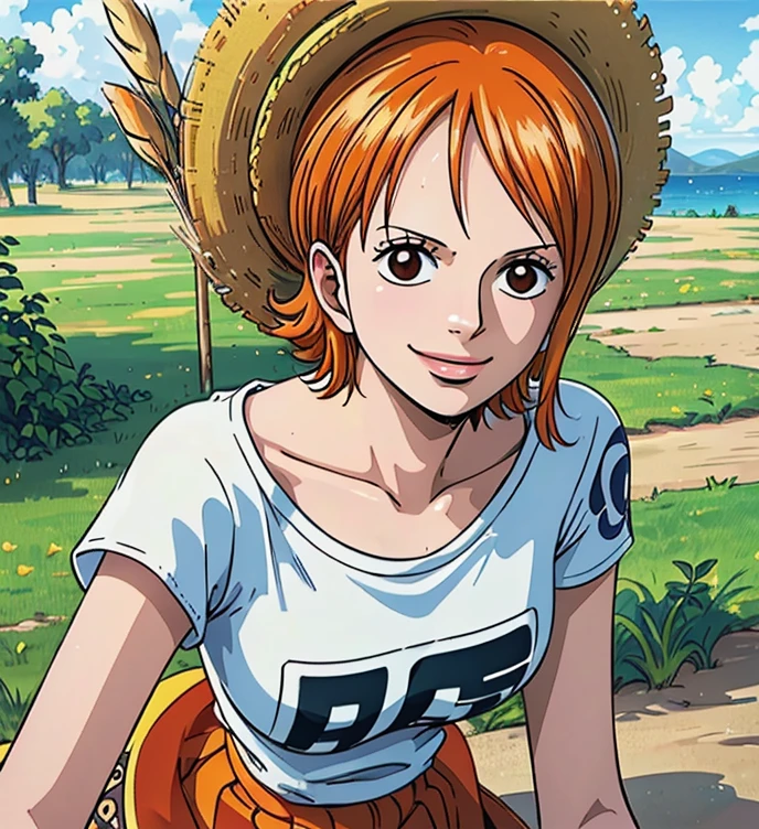 not nsfw (masterpiece, best quality, 4K, 8k,   high definition  , masterpiece:1.2),  super detailed, (Realistic, photoRealistic, photo-Realistic:1.37),    Pale Orange Hair  ,  dress, pale orange hair hidden in thick grass ,(wheat hat ), Beautiful Brown Eyes , Nami tattoo on left shoulder, beautiful lips,Beautiful lipstick,smile, looking at the camera, Big Breasts ,( white t-shirt),( yellow skirt ),sea,Perfect body,Perfect means,Perfect body