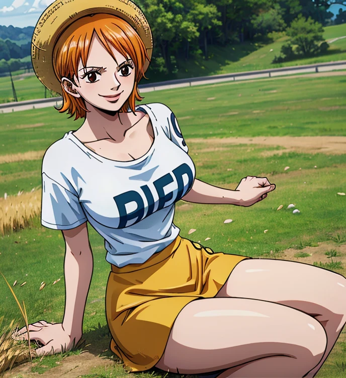 not nsfw (masterpiece, best quality, 4K, 8k,   high definition  , masterpiece:1.2),  super detailed, (Realistic, photoRealistic, photo-Realistic:1.37),    Pale Orange Hair  ,  dress, pale orange hair hidden in thick grass ,(wheat hat ), Beautiful Brown Eyes , Nami tattoo on left shoulder, beautiful lips,Beautiful lipstick,smile, looking at the camera, Big Breasts ,( white t-shirt),( yellow skirt ),sea,Perfect body,Perfect means,Perfect body