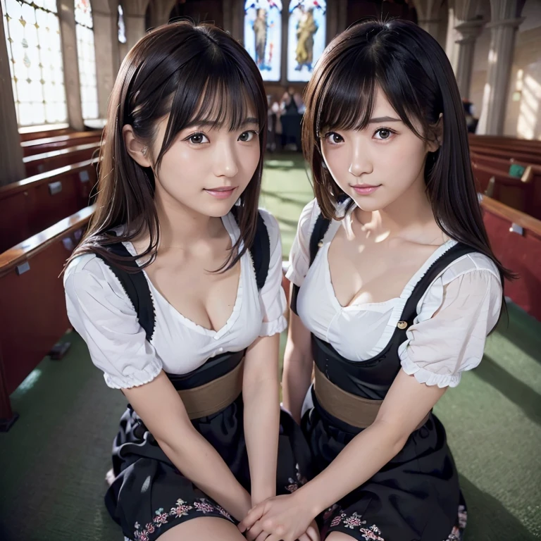 (Nuns、Black Hair、White bra、White string panties、In underwear、smile、String、Are standing、Inside the church、teeth、between legs、Knee-high socks、rosary necklace、I can see the bangs、Place your hand on your chest、)Professional Lighting、Cleavage、thin、Adult female、teethち切れそうな巨乳、big teeth、Captivating thighs、