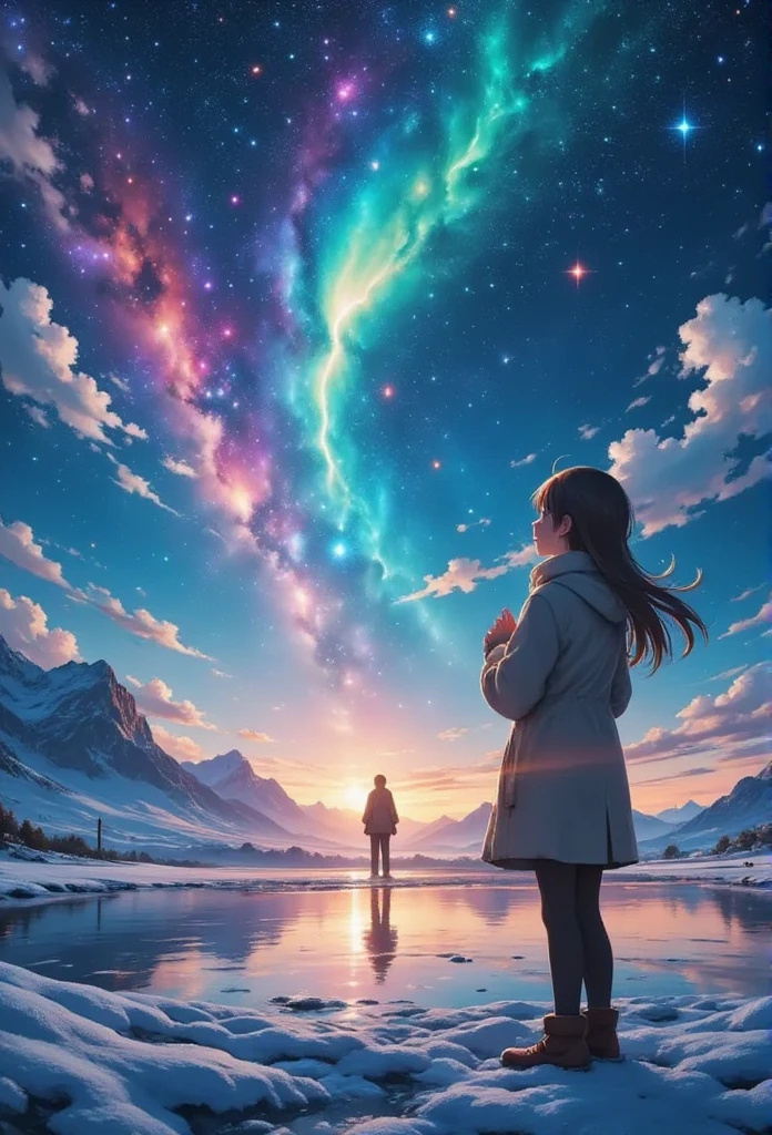 masterpiece, best quality, 8k, highres, ultra-detailed, HDR, UHD, ultra-fine painting, snow-covered landscape under a vivid aurora-filled sky, dancing lights in shades of green, purple, and red, serene and magical atmosphere, young girl standing in the snow, hands clasped in prayer, long flowing hair, warm winter clothing, faint glow from the aurora reflecting on the snow, distant figure walking toward her, tall silhouette, emotional and heartfelt reunion, celestial light beam descending from the aurora, ethereal and mystical mood, breathtaking starry sky, detailed snow textures, tranquil and unforgettable night scene