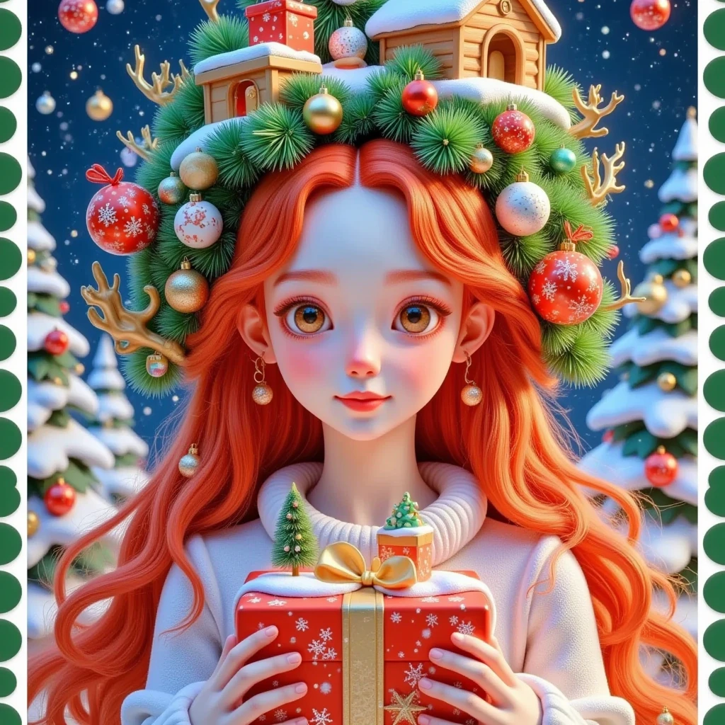 stamps：A beautiful girl is holding a beautiful gift before a Christmas letter ，(((The box says Christmas glows )))。 Hair is decorated with gifts +Christmas tree+Hut+Gingerbread Man。  beautiful face， skin details ，Official illustrations