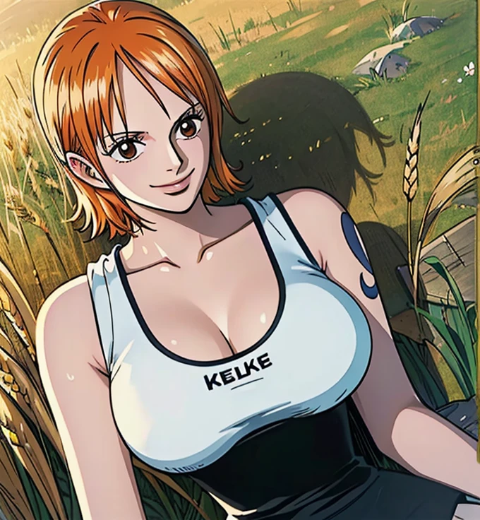 not nsfw (masterpiece, best quality, 4K, 8k,   high definition  , masterpiece:1.2),  super detailed, (Realistic, photoRealistic, photo-Realistic:1.37),    Pale Orange Hair  ,  dress, pale orange hair hidden in thick grass ,(wheat hat ), Beautiful Brown Eyes , Nami tattoo on left shoulder, beautiful lips,Beautiful lipstick,smile, looking at the camera, Big Breasts ,( white tank top),( black skirt),sea,Perfect body,Perfect means,Perfect body